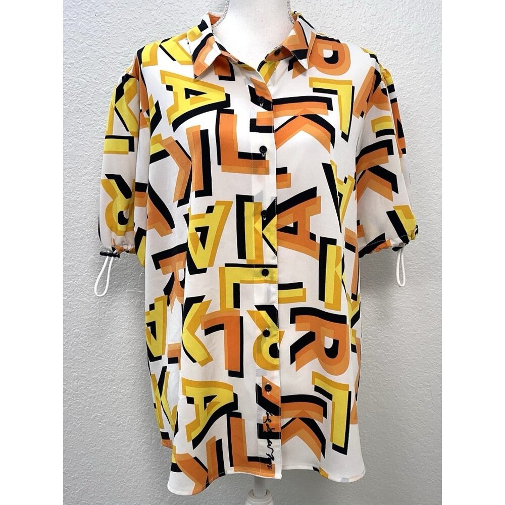 KARL LAGERFELD Womens XL Orange Spell-out Letter Bungee Short Sleeve BLOUSE Top
